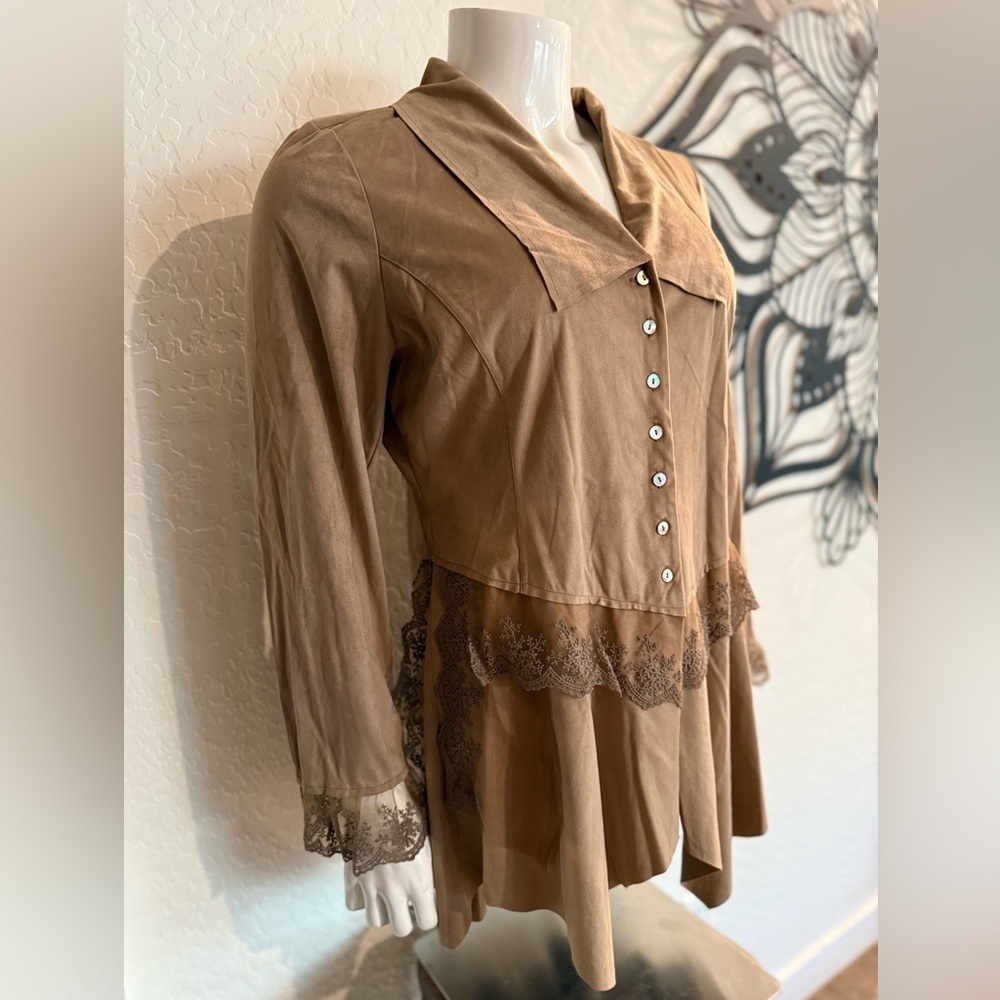 CINDY OH Vintage Women’s Tan Lace-Trim Button Front Top - XL - Picture 3 of 7